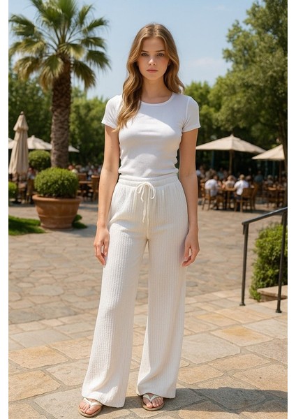 Kadın Beli Lastikli Pol Paça Pantolon