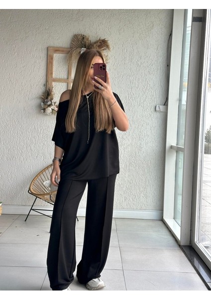 Kadın Tek Omuzdan Açık Geniş Kesim Viskon Iki Iplik Bluz ve Pantolon Ikili Takım