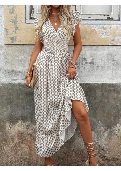 Kadın Kısa Kelebek Kollu Kruvaze Yakalı Desenli Süprem Elbise modelleri