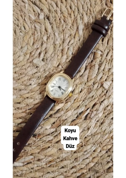 Zarif Tasarım Retro Vintage Kadın Kol Saati Oval Gold Kasa Koyu Kahve Renk 0014