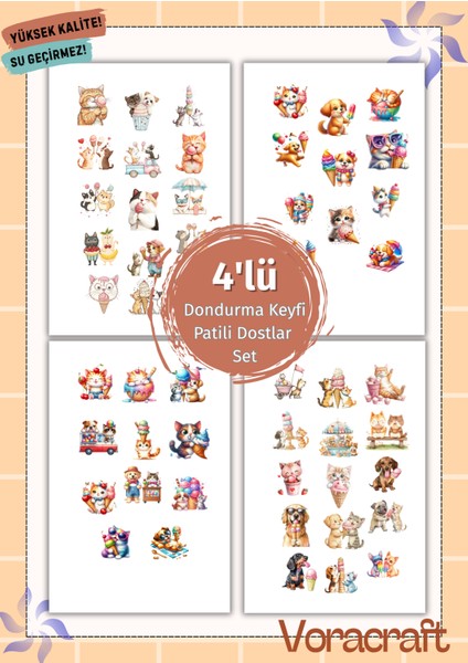 4'lü Tatlı Kedi Köpek Dondurma Set Ajanda Bullet Journal Set A049
