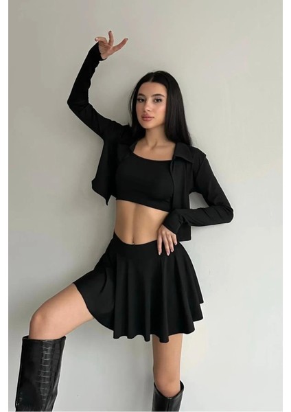 Siyah Askılı Crop,hırka ve Şortlu Etek Üçlü Takım