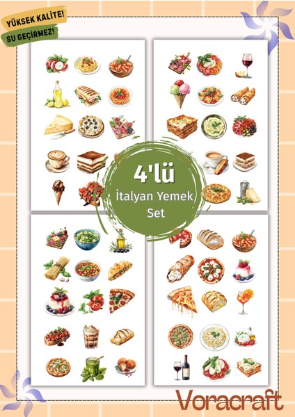 4'lü Italyan Yemek Sticker Set Ajanda Bullet Journal Set A027
