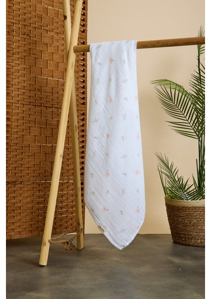 2 Katlı %100 Pamuk Müslin Bezi | 120x120 cm | Beyaz & Çiçek Baskılı | Yenidoğan & Bebek Battaniyesi