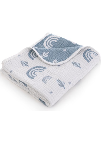 4 Katlı Premium %100 Pamuk Jakarlı Müslin Battaniye| 110x110 cm | Mavi Gökkuşağı Desenli fiyatları