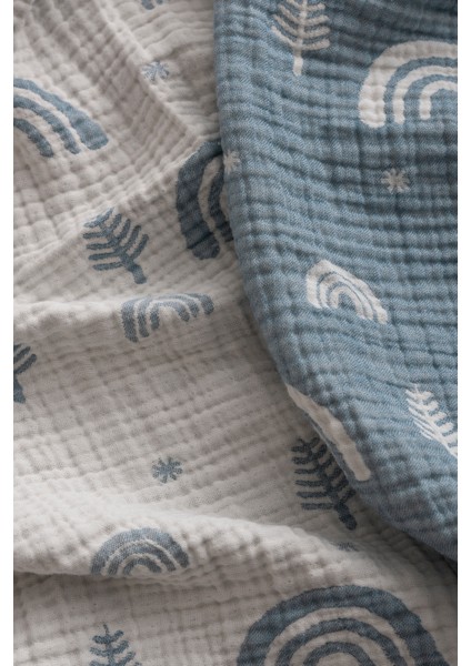 4 Katlı Premium %100 Pamuk Jakarlı Müslin Battaniye| 110x110 cm | Mavi Gökkuşağı Desenli modelleri