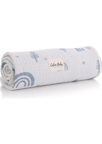 4 Katlı Premium %100 Pamuk Jakarlı Müslin Battaniye| 110x110 cm | Mavi Gökkuşağı Desenli