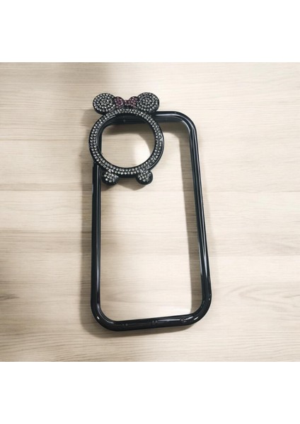 IPHONE 15 Pro Max Siyah Renk Mickey Mouse Miki Lüx Taşlı Silikon Telefon Kılıfı