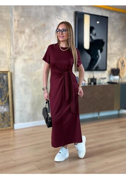Kadın Kısa Kollu Bisiklet Yaka Yandan Bağlamalı Viskon Iki Iplik Elbise