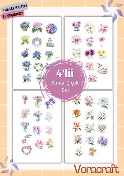 4'lü Bahar Çiçek Sticker Set Ajanda Bullet Journal Set A045