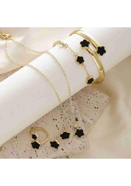 4'lü Set, Yaz Çiçeği ve Yonca Kolye, Küpe, Bileklik, Yüzük, Kadınlar Için Tek Renkli Aksesuar Takımı