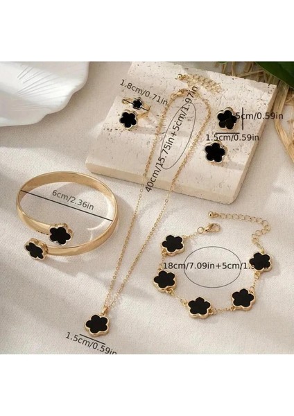 4'lü Set, Yaz Çiçeği ve Yonca Kolye, Küpe, Bileklik, Yüzük, Kadınlar Için Tek Renkli Aksesuar Takımı modelleri