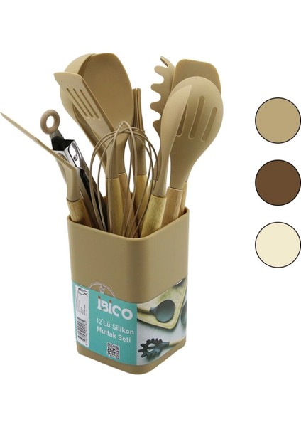 11PCS+KOVA Silikon Mutfak Seti Bambu Sap 3-Kaşık- 3-Spatula- 1-Kevgir- 1-Kepçe- 1-Maşa- 1-Çrpc- 1-Frç (4887)