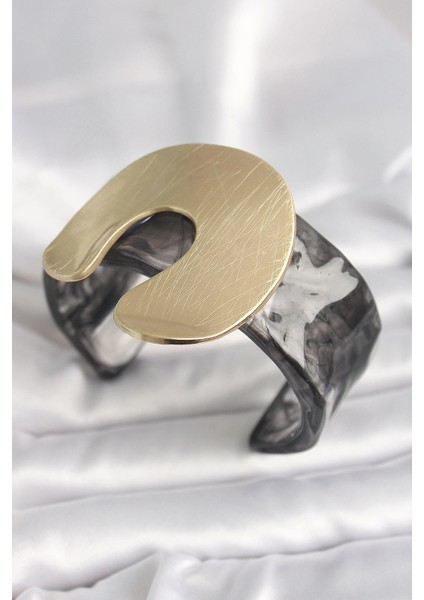 Siyah Mermer Desen Akrilik Plastik Gold Nal Model Plaka Vintage Kadın Bilezik