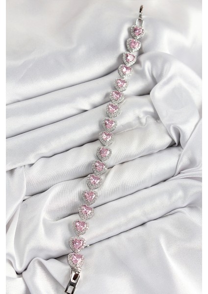 Pirinç Zirkon Taşlı Pembe Kalp Baget Model Gümüş Renk Vıp Seri Kadın Bileklik fiyatları