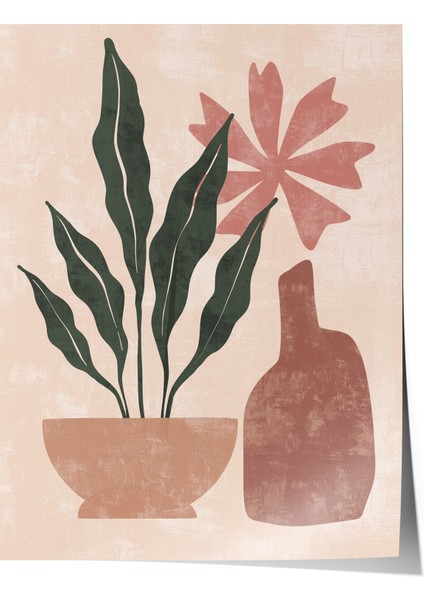 Çerçevesiz Poster, Pembe Vazo ve Çiçekler, Organik Şekillerle Minimal Stil Poster No: 107950