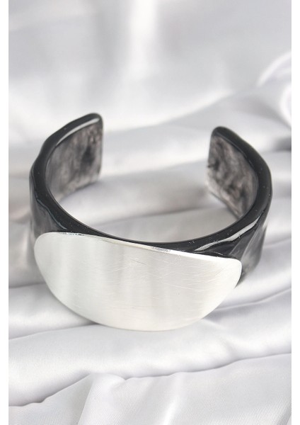 Siyah Mermer Desen Akrilik Plastik Gümüş Oval Plaka Model Vintage Kadın Bilezik fiyatları