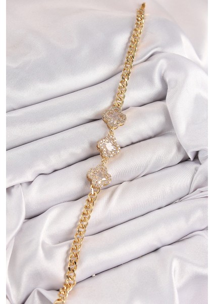 Pirinç Zirkon Taşlı Yonca Model Gold Renk Kadın Bileklik fiyatları