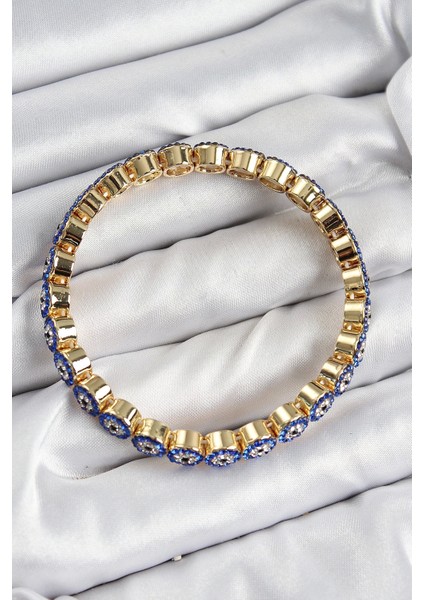 Pirinç Zirkon Taşlı Lacivert Nazar Model Gold Renk Lastikli Kadın Bileklik fiyatları
