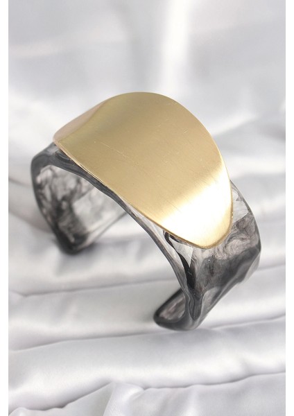 Siyah Mermer Desen Akrilik Plastik Gold Oval Plaka Model Vintage Kadın Bilezik