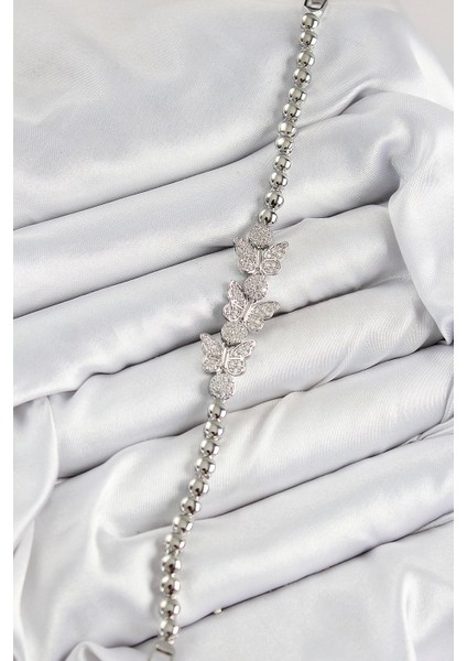 Pirinç Zirkon Taşlı Kelebek Model Gümüş Renk Kadın Bileklik fiyatları