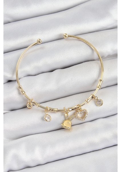 Pirinç Zirkon Taşlı Tavşan ve Kalp Model Gold Renk Charm Bileklik