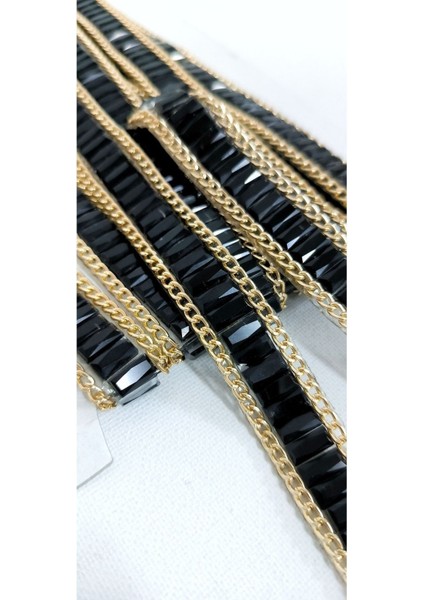 Özel Gold Zincirli Siyah Taşlı Yapıştırma Şerit