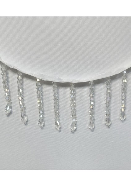 Beyaz Salen Üzerine Şeffaf Boncuklu Saçak Şerit ( 5,5 cm ) fiyatları