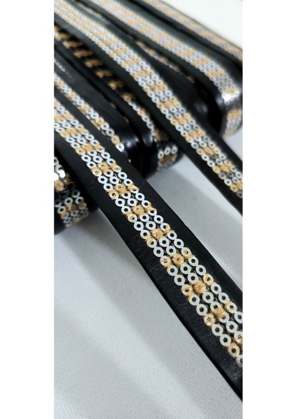 Siyah Deri Üzeri Gümüş Pul Payetli Şerit modelleri