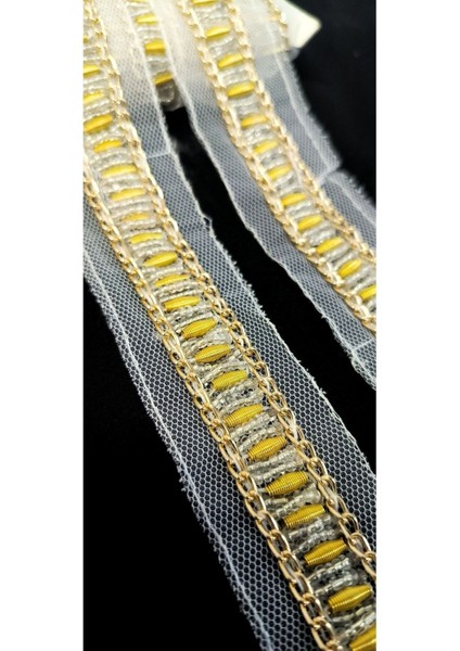 Özel Beyaz Tül Üzerine Gold Zincirli Boncuklu Şerit indirimleri