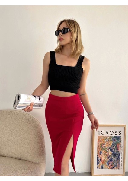 Yırtmaçlı Esnek Kumaş Midi Boy Etek Koyu Kırmızı indirimleri