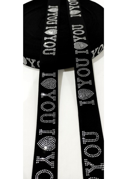 Özel Siyah Gümüş Love Taş Işlemeli Lastik Şerit