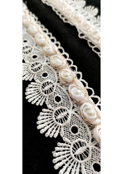 Beyaz Bronz Çiçek Motifli Incili Güpür Şerit