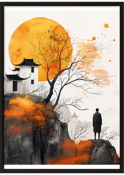 Siyah Çerçeveli Tablo, Dağ Manzarası, Japon Tapınağı, Su Mürekkebi Tarzı Poster No: 106527