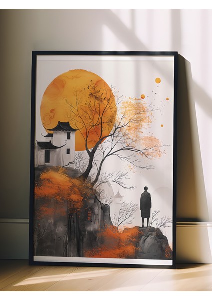 Siyah Çerçeveli Tablo, Dağ Manzarası, Japon Tapınağı, Su Mürekkebi Tarzı Poster No: 106527 fiyatları