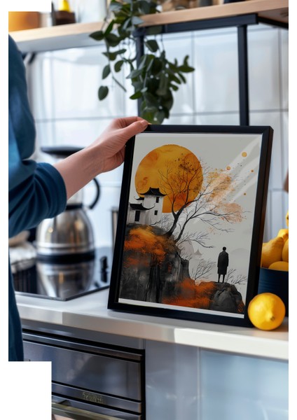 Siyah Çerçeveli Tablo, Dağ Manzarası, Japon Tapınağı, Su Mürekkebi Tarzı Poster No: 106527 modelleri