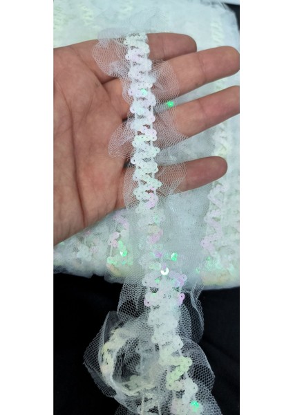 Beyaz Tül Üzerine Janjan Pul Payet Plise Şerit modelleri