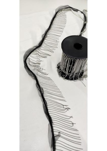 Siyah Tüllü Gümüş Zincirli Saçak Şerit (9 Cm) – Dekoralif Şerit modelleri