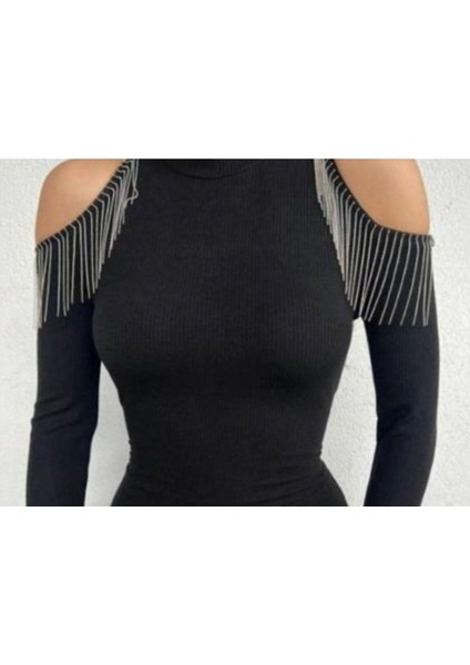 Siyah Tüllü Gümüş Zincirli Saçak Şerit (9 Cm) – Dekoralif Şerit