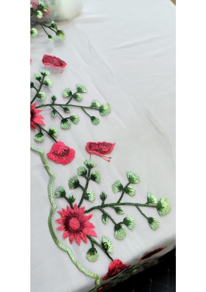 Özel Beyaz Tül Üzerine Renkli Çiçek Işlemeli Şerit