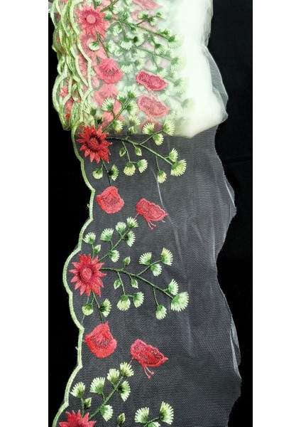 Özel Beyaz Tül Üzerine Renkli Çiçek Işlemeli Şerit