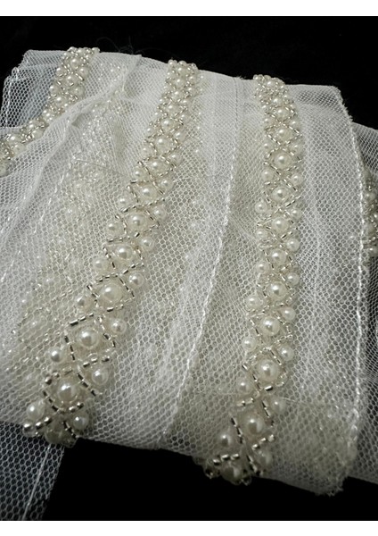 Beyaz Tül Üzerine Boncuk Inci Işlemeli Şerit fiyatları