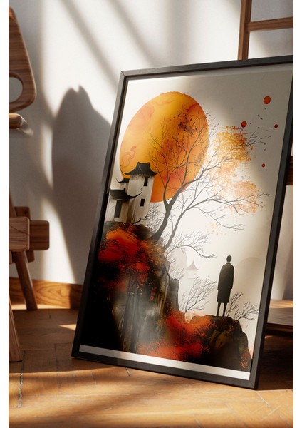 Siyah Çerçeveli Tablo, Dağ Manzarası, Japon Tapınağı, Su Mürekkebi Tarzı Poster No: 106527 fırsatları