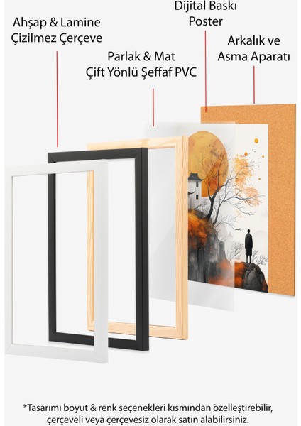 Siyah Çerçeveli Tablo, Dağ Manzarası, Japon Tapınağı, Su Mürekkebi Tarzı Poster No: 106527