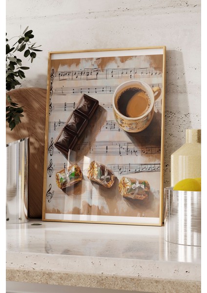 Ahşap Çerçeveli Tablo, Kahve Fincanı, Notalar ve Çikolata, Vintage Stil Poster No: 106426 fırsatları