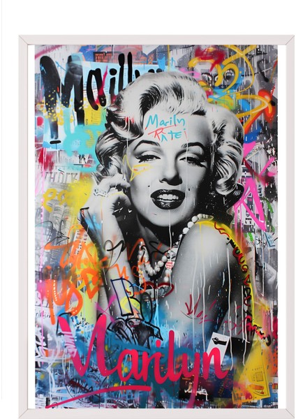 Beyaz Çerçeveli Tablo, Marilyn Monroe, Graffiti Arka Plan, Pop Art Tarzı Poster No: 106530