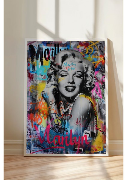 Beyaz Çerçeveli Tablo, Marilyn Monroe, Graffiti Arka Plan, Pop Art Tarzı Poster No: 106530 modelleri
