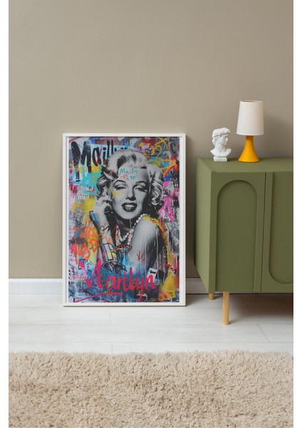 Beyaz Çerçeveli Tablo, Marilyn Monroe, Graffiti Arka Plan, Pop Art Tarzı Poster No: 106530 fırsatları