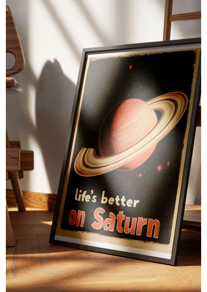 Siyah Çerçeveli Tablo, Satürn ve Tipografi, Retro Uzay Teması Poster No: 107411 fırsatları