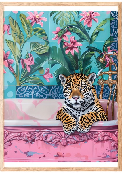 Ahşap Çerçeveli Tablo, Leopar, Çiçekli Duvar Kağıdı, Dijital Sanat Poster No: 106548